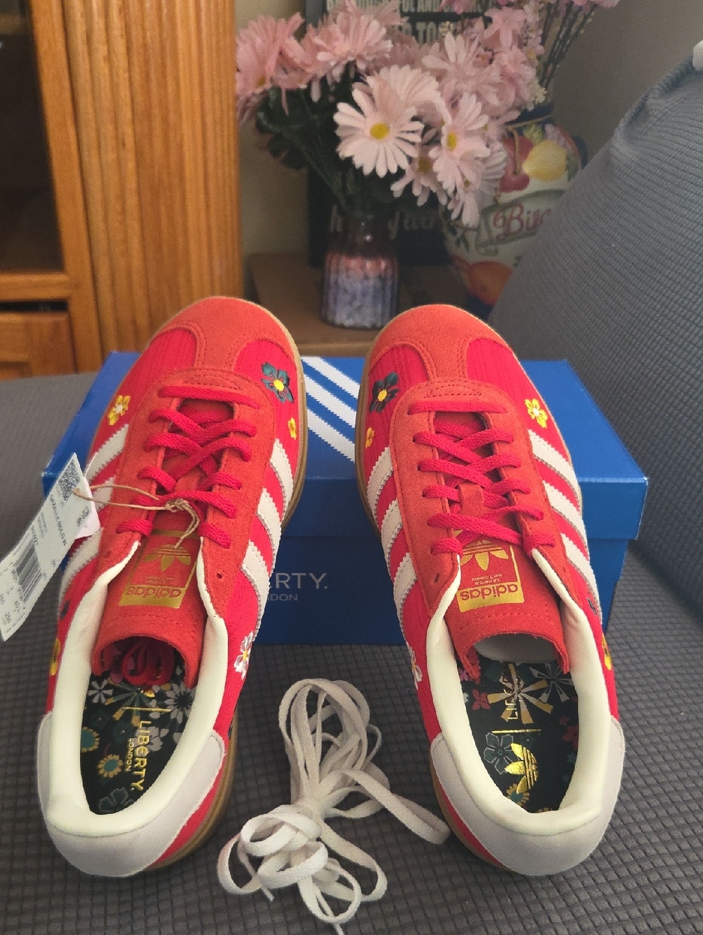 Adidas Liberty London,Red Floral Gazelle Sneakers with White Stripes - Picture 4 of 7